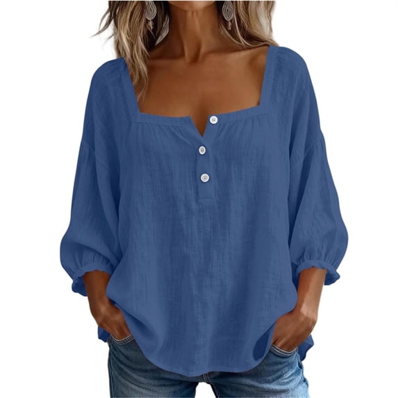 WAGUTH Women's Cotton Linen Tops 3/4 Puff Sleeve Square Neck Button Down Shirts Summer Casual Tees S-XXL,Blue,L