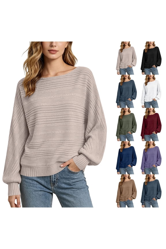 Women's Crew Neck Long Dolman Sleeve Knit Sweaters Ribbed Textured Casual Loose Pullover Tops Solid Color Tunic Blouses for Fall Winter