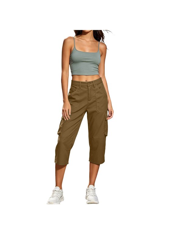 Women's Cropped Cargo Pants Button Front Casual Utility Trousers with Multi Pockets Outdoor Hiking Capris