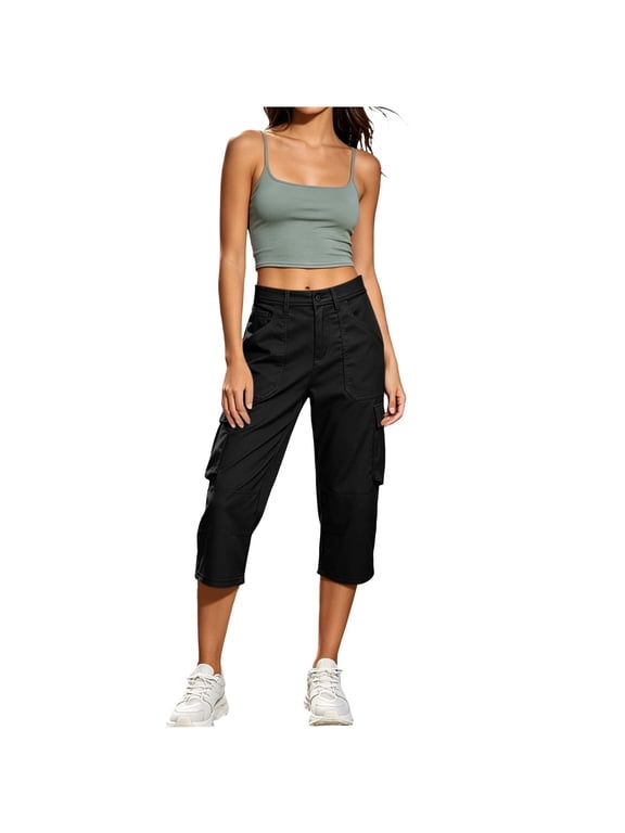 Women's Cropped Cargo Pants Button Front Casual Utility Trousers with Multi Pockets Outdoor Hiking Capris