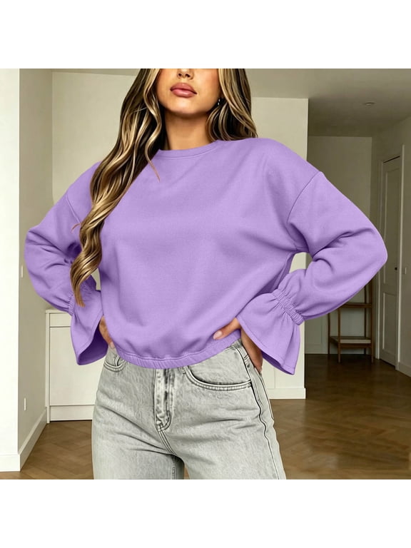 Women's Cropped Sweatshirt Crew Neck Long Sleeve Flare Elastic Cuff Loose Casual Pullover Tops Fall Winter Outwear,S