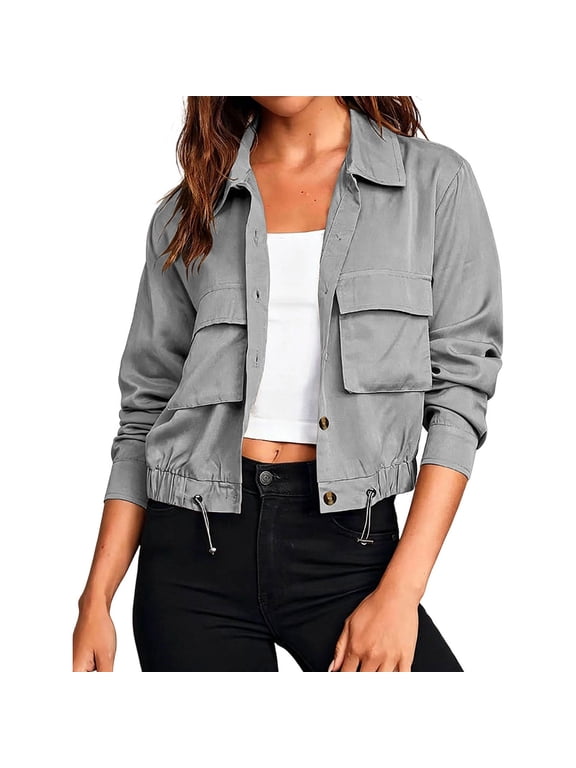 Women's Cropped Utility Cargo Jackets Collared Button Down Long Sleeve Lightweight Jacket Casual Outerwear with Pockets & Drawstring Hem,Gray,XXL