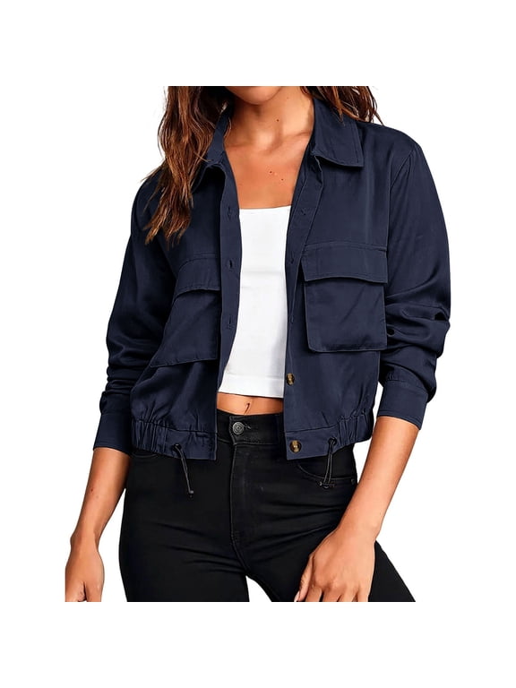 Women's Cropped Utility Cargo Jackets Collared Button Down Long Sleeve Lightweight Jacket Casual Outerwear with Pockets & Drawstring Hem,Navy,L