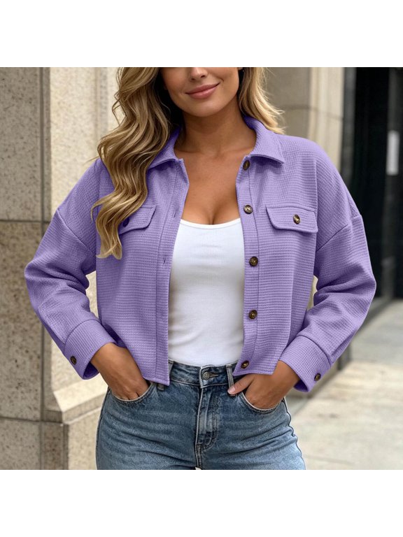 Women's Cropped Waffle Knit Shacket Jackets Collared Button Down Long Sleeve Loose Casual Short Outerwear for Fall Outfits,Purple,XXL