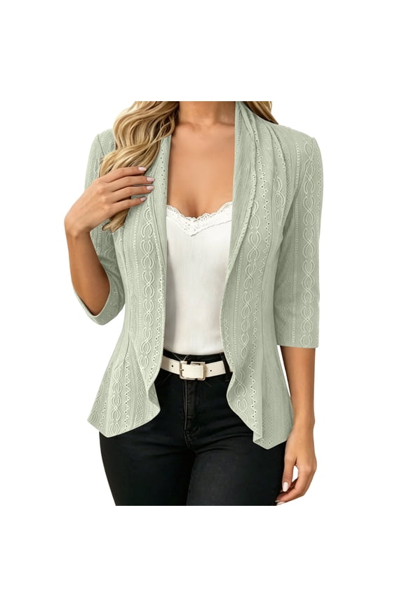 Women's Eyelet Open Front Cardigan 3/4 Sleeve Lapel Lightweight Casual Jacket for Office Business Casual Layering Spring Fall,S