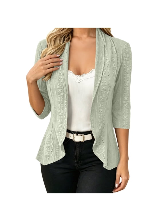 Women's Eyelet Open Front Cardigan 3/4 Sleeve Lapel Lightweight Casual Jacket for Office Business Casual Layering Spring Fall,XXL