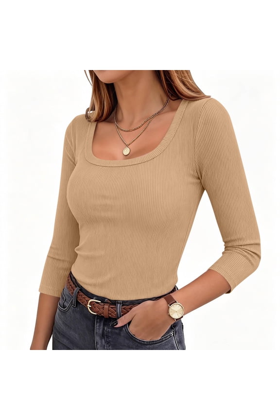 Women's Fitted Ribbed Knit Tops Square Neck 3/4 Sleeve lim Fit Stretchy Solid Basic T-Shirts Soft Casual Tees for Daily Wear,Khaki,S