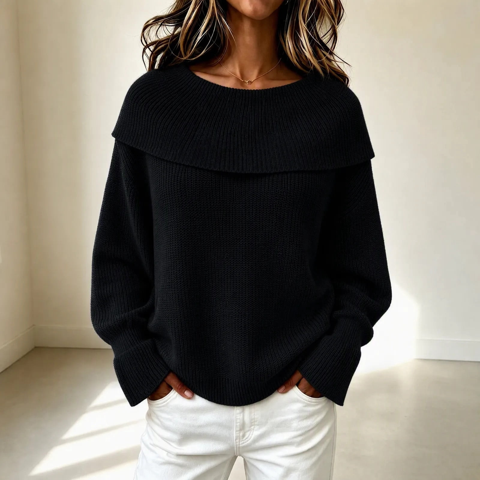 WAGUTH Women's Fold Over Crew Neck Sweaters Long Sleeve Ruffle Cuff ...