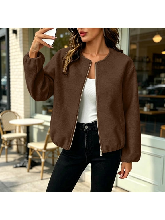 Women's Full Zip Bouclé Tweed Jacket Long Sleeve Elastic Cuff & Hem Loose Cropped Bomber Jacket with Side Pockets