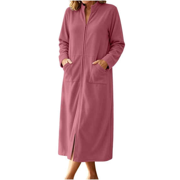 WAGUTH Women's Full Zip Stand Collar Fleece Long Robes with Pockets Long Sleeve Side Slit Loose Warm Loungewear Nightgown