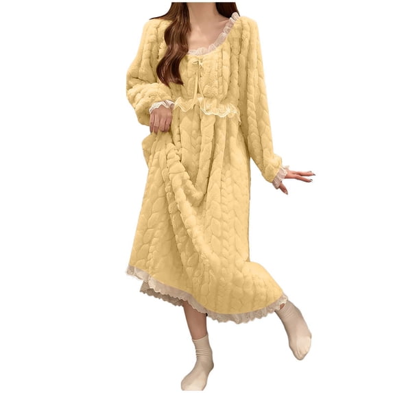 WAGUTH Women's Fuzzy Fleece Robes Lace Trim Long Sleeve Warm Flannel Nightgown Bow Tie Detail Sleepwear Bathrobe,L
