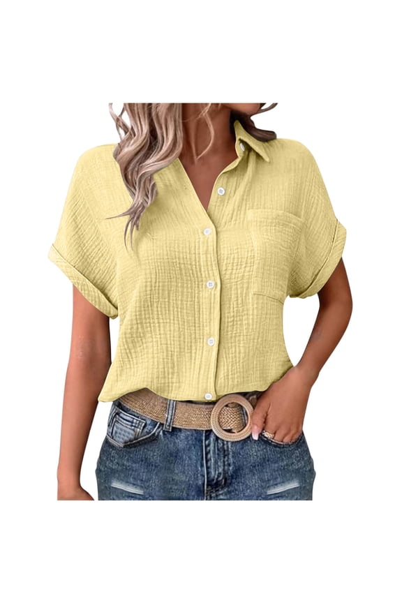 Women's Gauze Textured Collared Shirts Short Sleeve Button Down Tops Casual Summer Roll Cuff Blouses with Pocket