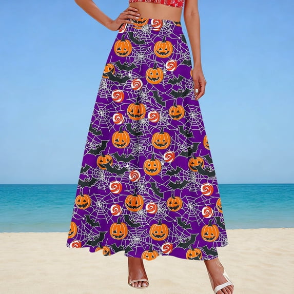 WAGUTH Women's Halloween Print Maxi Skirt Elastic Waist Flowy Long Skirt with Pockets for Holiday Party Casual Wear