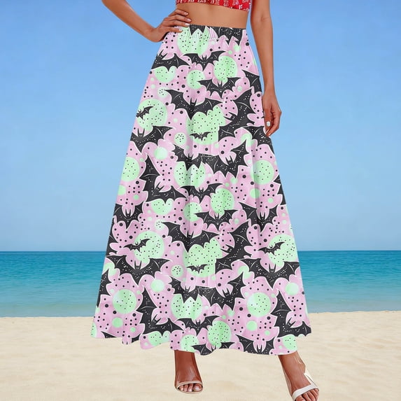WAGUTH Women's Halloween Print Maxi Skirt Elastic Waist Flowy Long Skirt with Pockets for Holiday Party Casual Wear