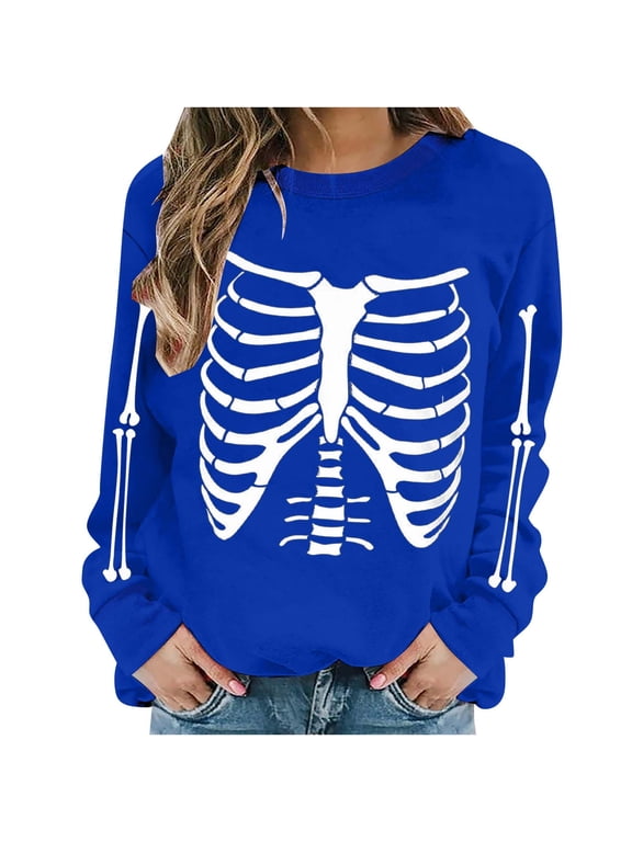 Women's Halloween Print Sweatshirts Skeleton Rib Cage Graphic Crew Neck Long Sleeve Casual Pullover Tops for Party Outfits,L