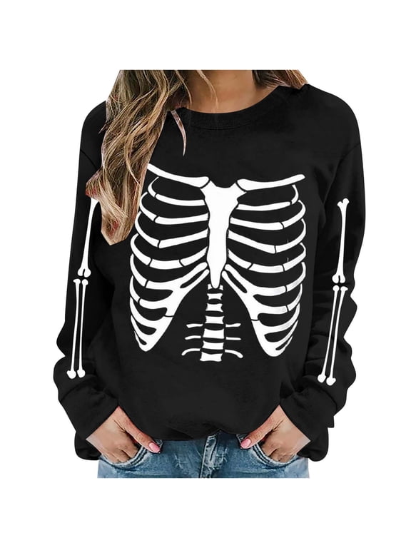 Women's Halloween Print Sweatshirts Skeleton Rib Cage Graphic Crew Neck Long Sleeve Casual Pullover Tops for Party Outfits,XS