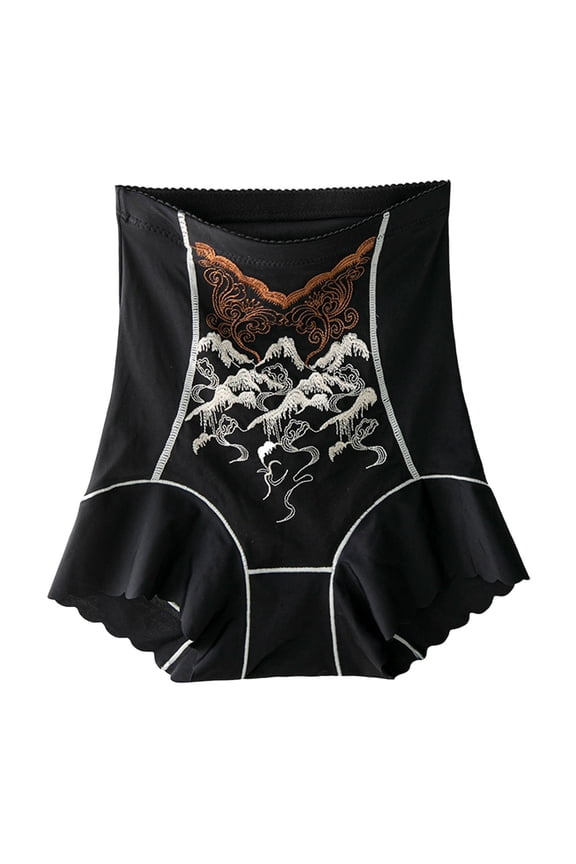 Women's High Waist Embroidery Shapewear Shorts Tummy Control Scalloped Hem Breathable Shaper Underwear for Daily Wear,Black,L
