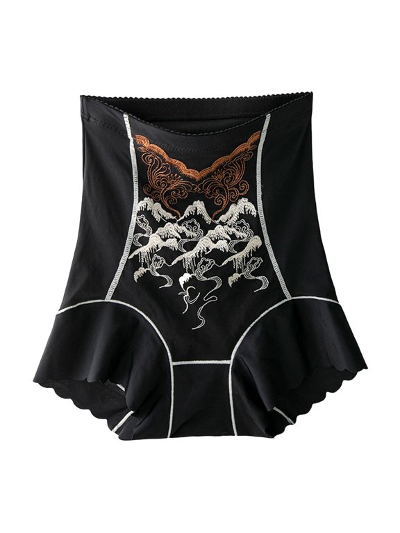 Women's High Waist Embroidery Shapewear Shorts Tummy Control Scalloped Hem Breathable Shaper Underwear for Daily Wear,Black,M