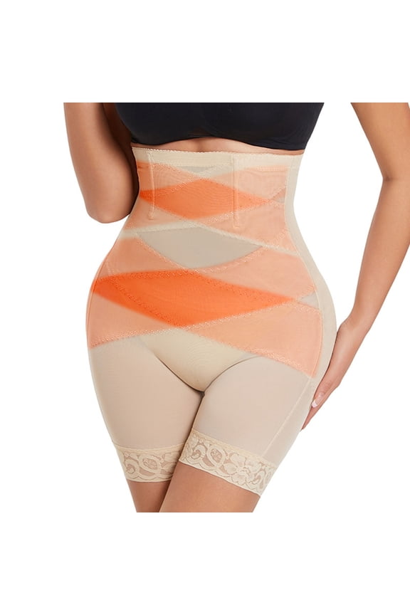 Women's High Waist Mesh Shapewear Shorts Tummy Control Lace Hem Butt Lifting Shaper for Evening Gowns Bridal Occasions,Beige,M