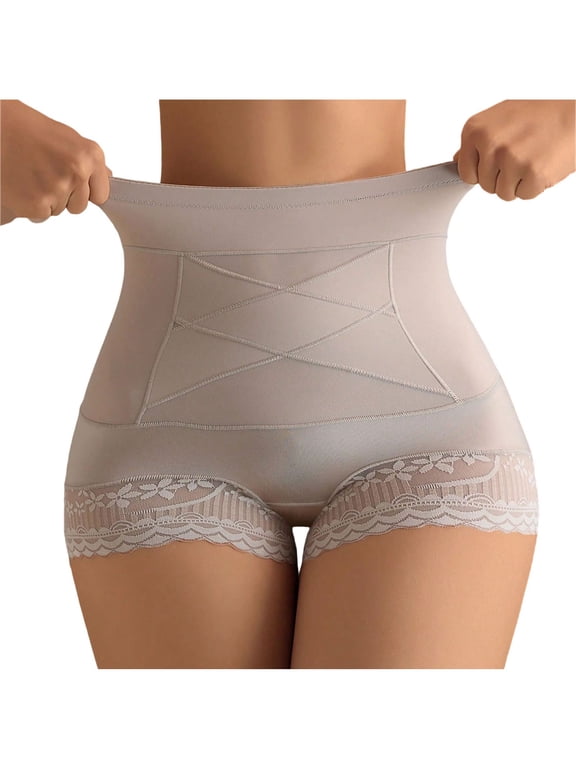 Women's High Waist Shapewear Shorts, Cross Compression Tummy Control Butt Lift Lace No-Roll Shaper for Daily Wear,Beige,XL