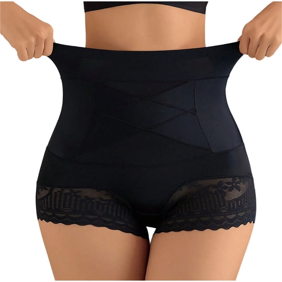 WAGUTH Women's High Waist Shapewear Shorts, Cross Compression Tummy Control Butt Lift Lace No-Roll Shaper for Daily Wear,Black,M