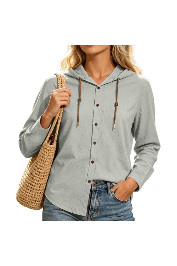 Women's Hooded Shacket Jacket Button Down Loose Fit Casual Outerwear with Pockets Lightweight Layering Tops for Spring Fall Daily Wear,Gray,XXL