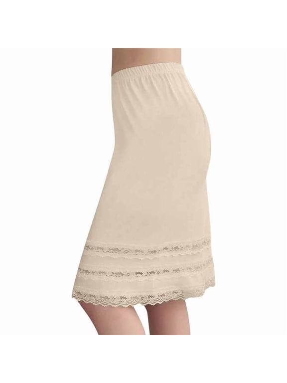 Women's Lace Trim Underskirt Elastic High Waist Half Slips Smooth Midi Liner Skirt for Daily Loungwear