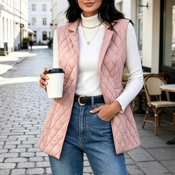 WAGUTH Women's Lapel Quilted Vest Sleeveless Open Front Mid Length Slim Fit Casual Outerwear Jacket with Side Pockets for Fall Winter,M