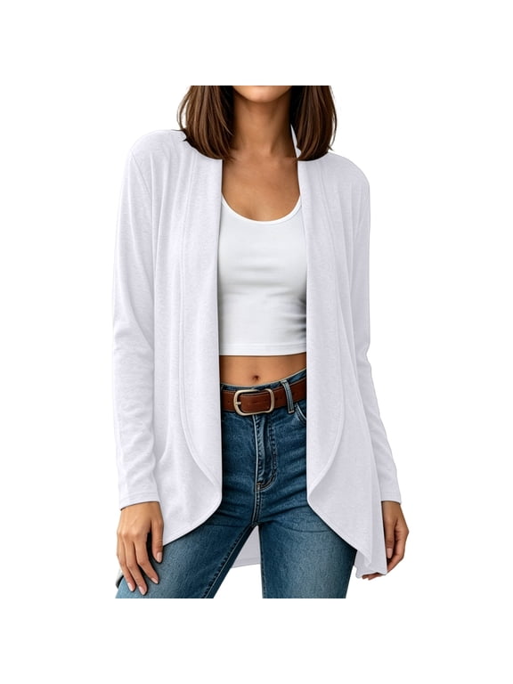 Women's Long Sleeve Open Front Cardigan Draped Lapel Irregular Hem Lightweight Soft Casual Cover Up Jacket for Spring Fall Outfits,White,L