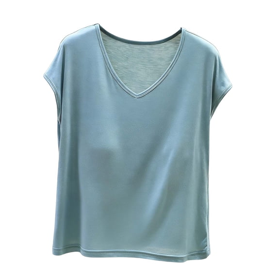 WAGUTH Women's Loungewear Tops V Neck Cap Sleeve Shirts with Built-In Bra Soft Lightweight Casual Tees for Daily Wear