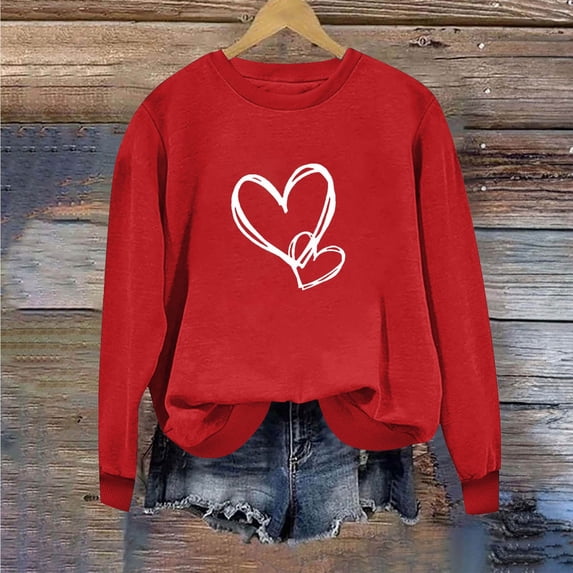WAGUTH Women's Love Heart Print Crew Neck Sweatshirt Long Sleeve Casual Pullover Tops for Valentine's Day Daily Wear,L