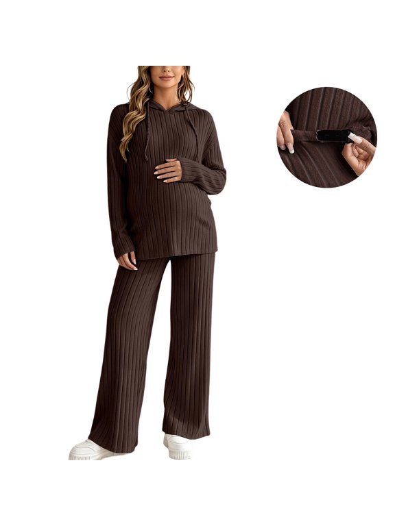 Women's Maternity 2 Piece Outfit Set Long Sleeve Hooded Sweatshirts & Adjustable Waist Wide Leg Pants Brushed Knit Casual Loungewear for Pregnancy,S