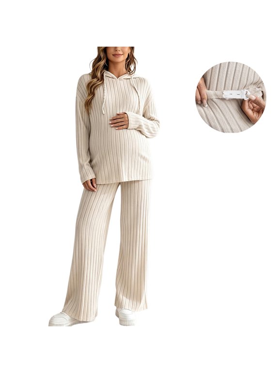 Women's Maternity 2 Piece Outfit Set Long Sleeve Hooded Sweatshirts & Adjustable Waist Wide Leg Pants Brushed Knit Casual Loungewear for Pregnancy,S