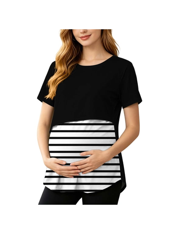 Women's Maternity Nursing Tops Striped Double Layer Breastfeeding Shirt Short Sleeve Stretch Pregnancy Tunic Blouses,Black,XL