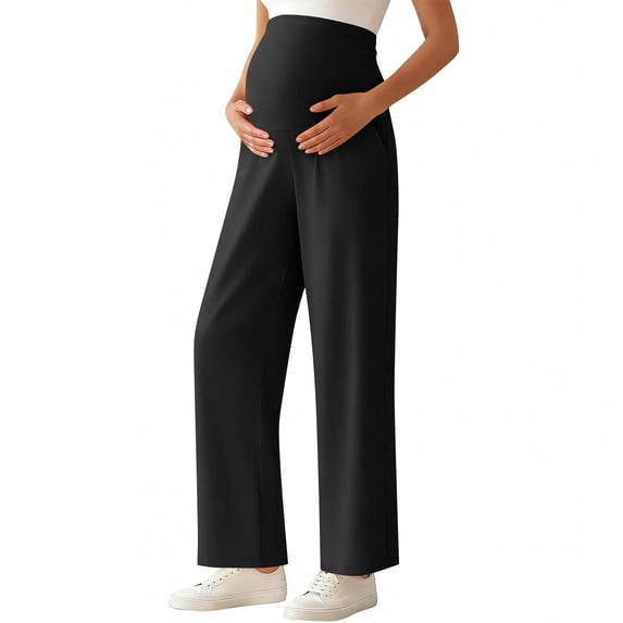 WAGUTH Women's Maternity Pants Over Belly Waistband Stretch Wide Leg Yoga Pant Casual Pregnancy Trousers with Pockets,Black,XL