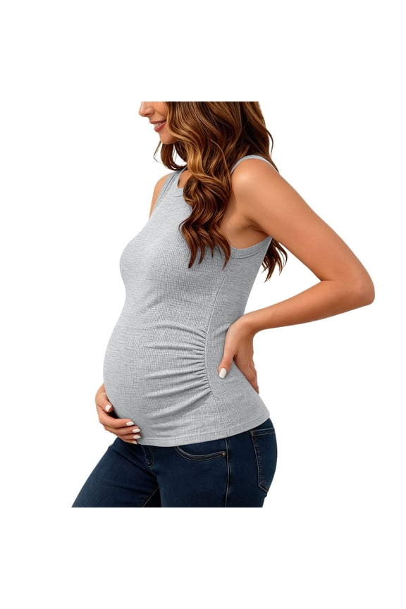 Women's Maternity Ribbed Knit Tank Tops Crew Neck Sleeveless Stretch Solid Pregnancy Shirts Side Ruched Soft Casual Mama Daily Blouses,Gray,M