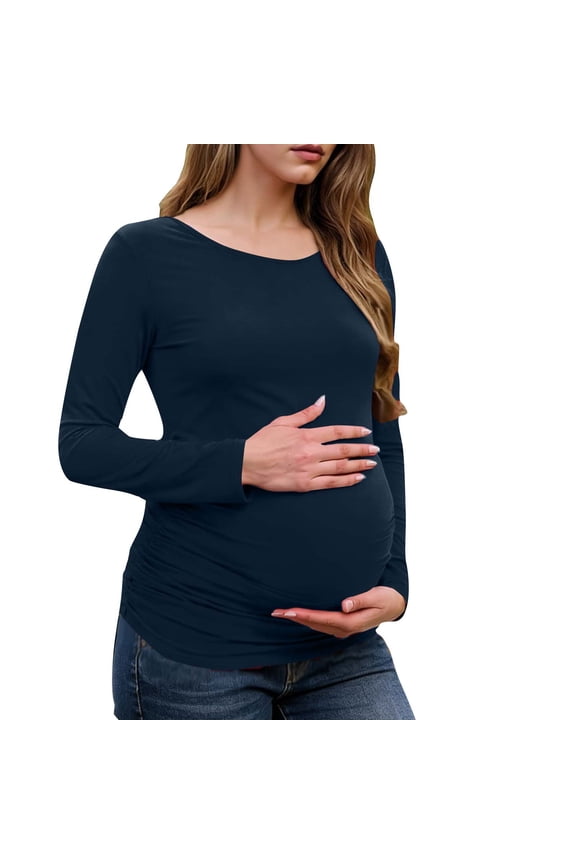 Women's Maternity Tops Long Sleeve Round Neck Nursing T-shirts Solid Side Ruched Stretch Curved Hem Pregnancy Blouses,Navy,S