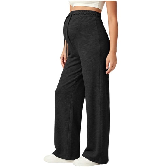 WAGUTH Women's Maternity Wide Leg Sweatpants Adjustable Drawstring High Waist Soft Casual Loose Pregnancy Trousers for Daily Loungewear,Black,XL