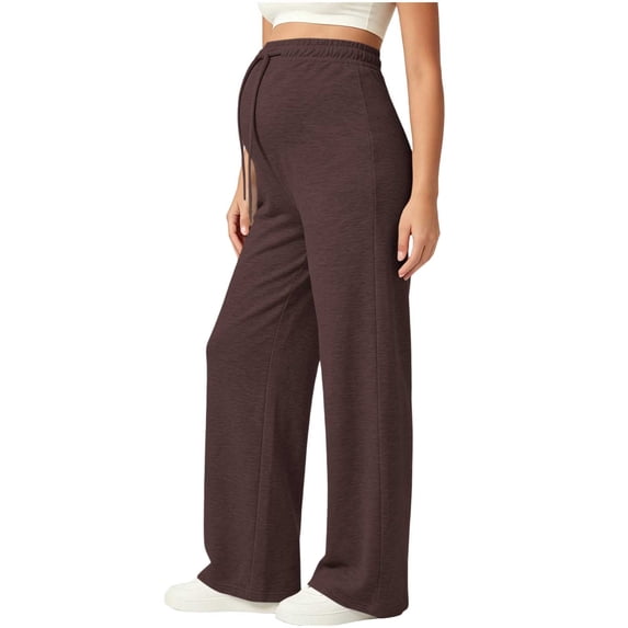 WAGUTH Women's Maternity Wide Leg Sweatpants Adjustable Drawstring High Waist Soft Casual Loose Pregnancy Trousers for Daily Loungewear,Coffee,L