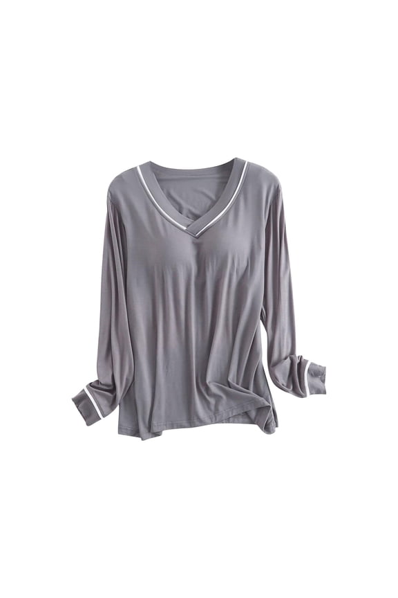 Women's Modal Contrast V Neck Long Sleeve Shirts Soft Stretchy Solid Basic Layering Tops with Built-in Bra Pads for Loungewear,Dark Gray,M