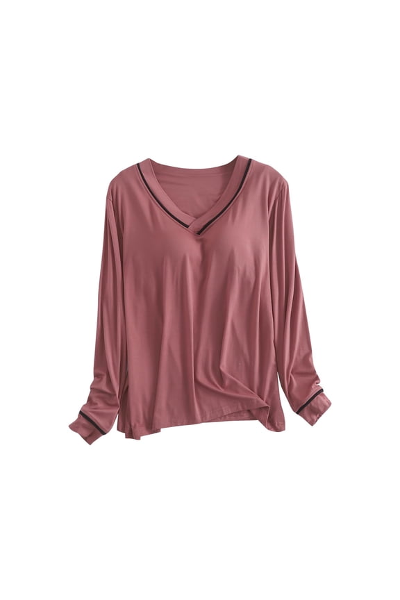 Women's Modal Contrast V Neck Long Sleeve Shirts Soft Stretchy Solid Basic Layering Tops with Built-in Bra Pads for Loungewear,Wine,M