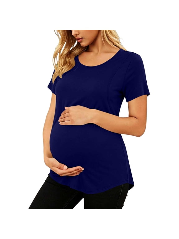 Women's Nursing Tops for Breastfeeding Double Layer Maternity Shirts Short Sleeve Crew Neck Pregnancy Outfits,Navy,M