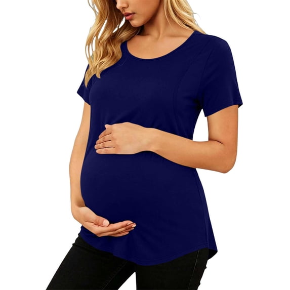 WAGUTH Women's Nursing Tops for Breastfeeding Double Layer Maternity Shirts Short Sleeve Crew Neck Pregnancy Outfits,Navy,S