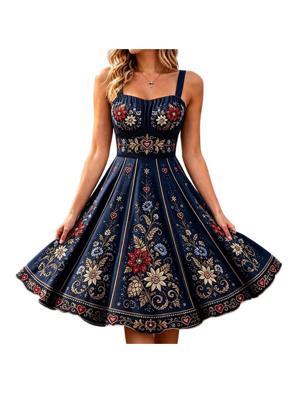 Women's Oktoberfest Print Dirndl Dresses Sleeveless Midi-Length Dress A‑Line Swing Dress for Beer Festival Party