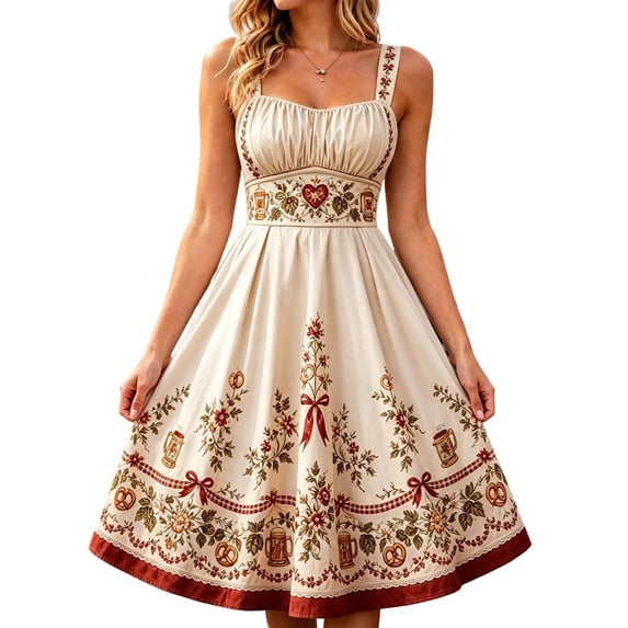WAGUTH Women's Oktoberfest Print Dirndl Dresses Sleeveless Midi-Length Dress A‑Line Swing Dress for Beer Festival Party