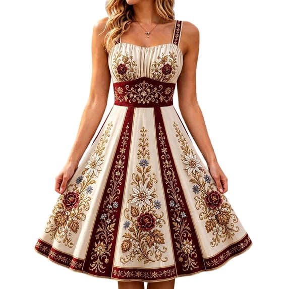 WAGUTH Women's Oktoberfest Print Dirndl Dresses Sleeveless Midi-Length Dress A‑Line Swing Dress for Beer Festival Party