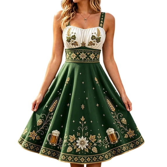 WAGUTH Women's Oktoberfest Print Dirndl Dresses Sleeveless Midi-Length Dress A‑Line Swing Dress for Beer Festival Party