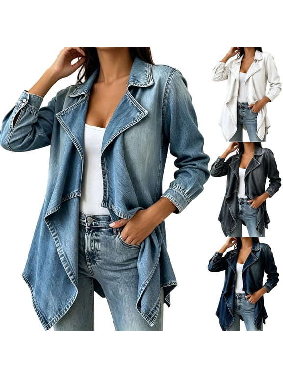 Women's Open Front Denim Jacket Lapel Long Sleeve Asymmetrical Hem Lightweight Jean Coat with Side Pockets for Casual Daily Wear