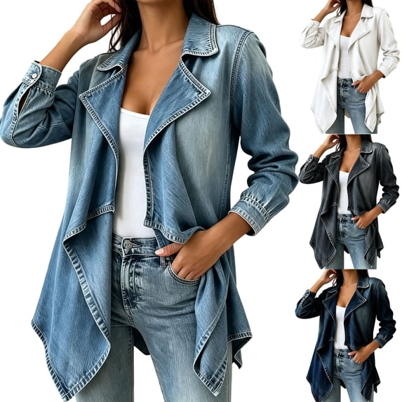 WAGUTH Women's Open Front Denim Jacket Lapel Long Sleeve Asymmetrical Hem Lightweight Jean Coat with Side Pockets for Casual Daily Wear