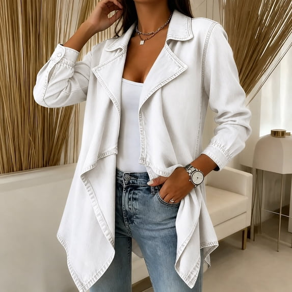 WAGUTH Women's Open Front Denim Jacket Lapel Long Sleeve Asymmetrical Hem Lightweight Jean Coat with Side Pockets for Casual Daily Wear